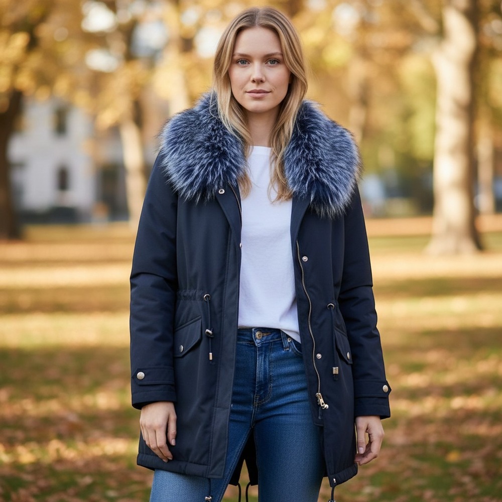 INC International Concepts Parka Jacket Women Large Navy Blue Faux Fur Trim Coat